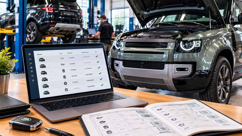Land Rover service history displayed on a laptop beside a maintenance booklet in a vehicle workshop